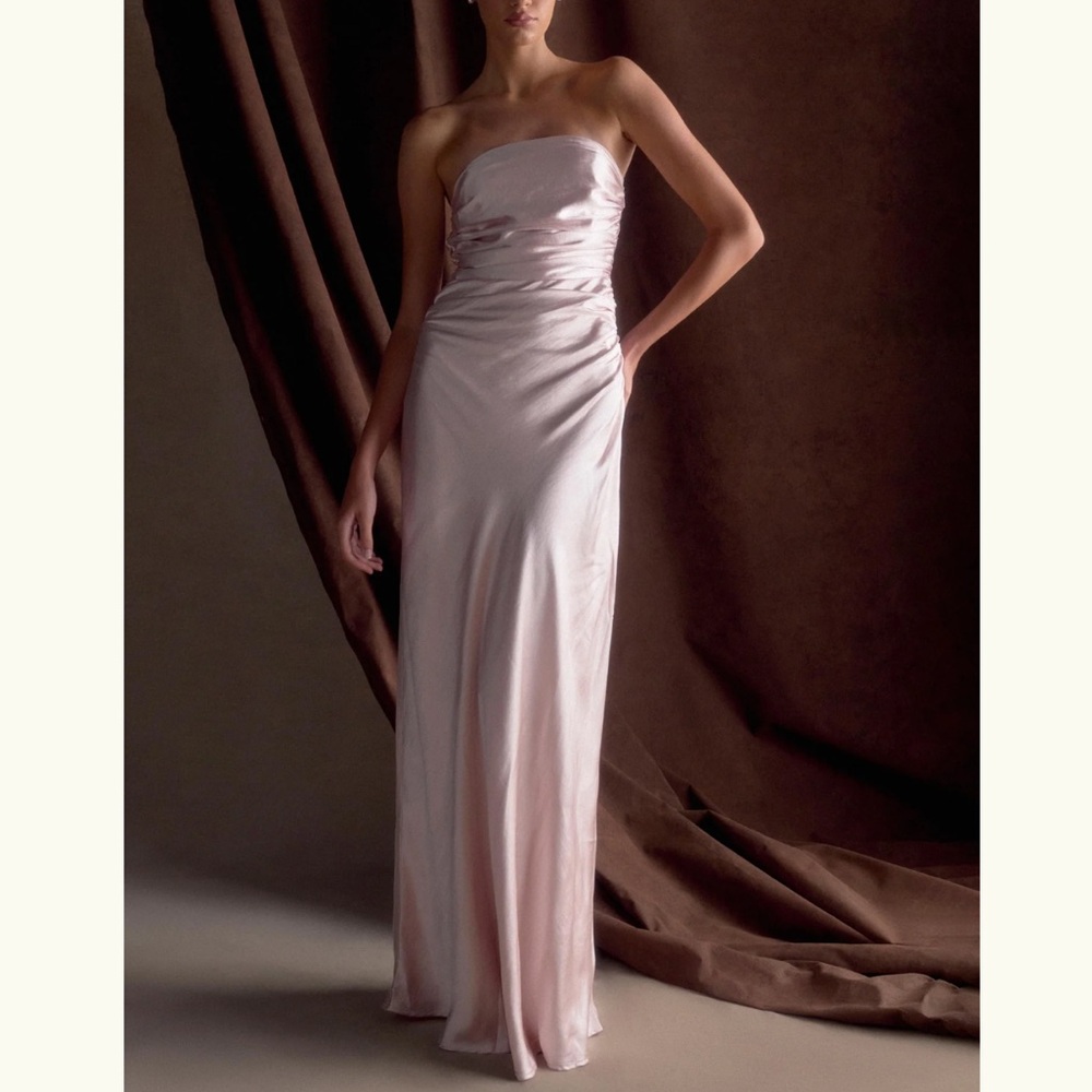 Meshki Strapless Satin Evening Gown in Pale Pink
